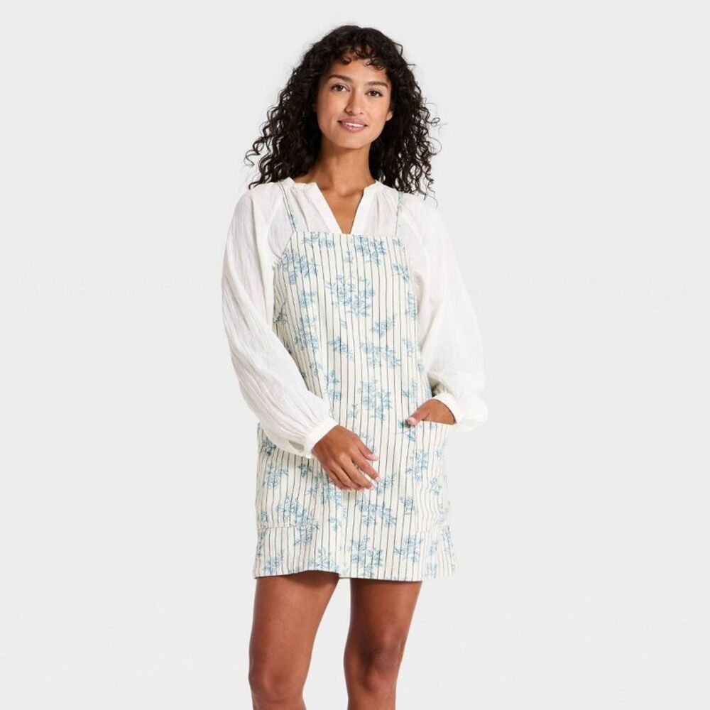 Women's Denim Floral Striped Apron Dress - Universal Thread Natural 4